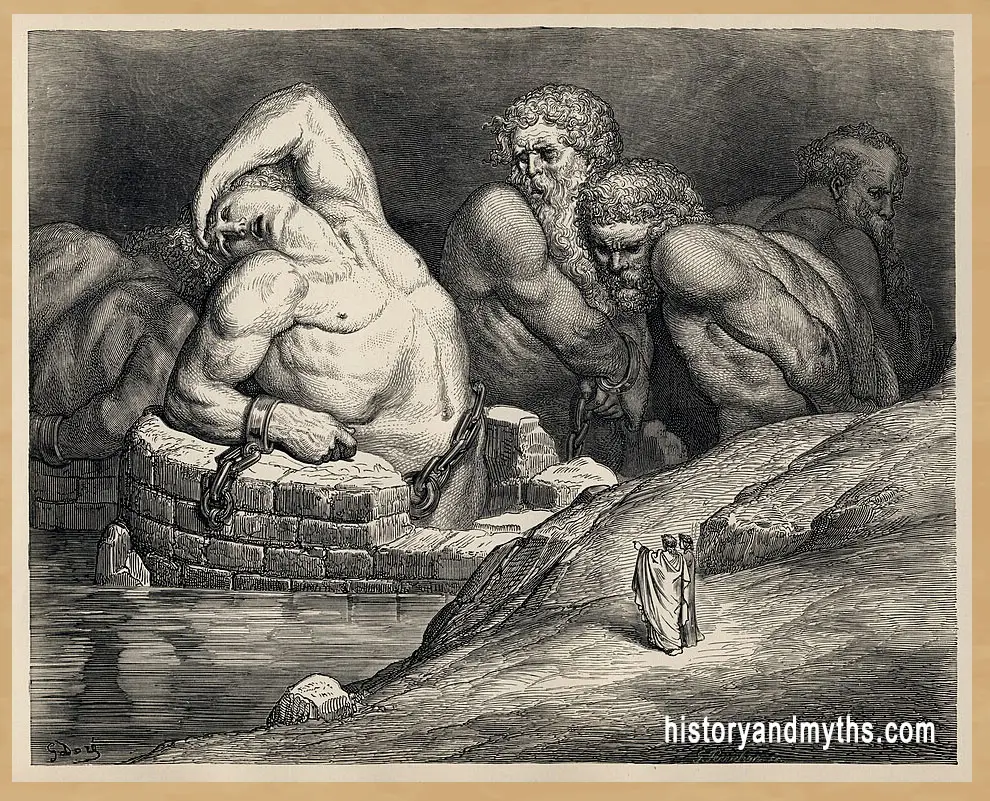 Gustave Doré’s 1857 illustration of imprisoned Titans and giants in a vast abyss from Dante’s Inferno
