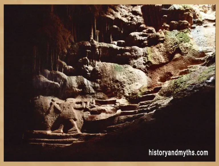 Self-portrait of Archedemos the Nympholept and the carved entrance of a sacred nymph cave sanctuary, Attica, Greece