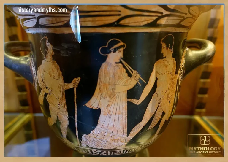 Komos scene with two youths and aulos player, Attic red-figure bell krater, ca. 440 BCE