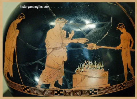 Sacrifice scene, Attic red-figure oinochoe, ca. 430–425 BCE, attributed to the Kraipale Painter, Louvre Museum