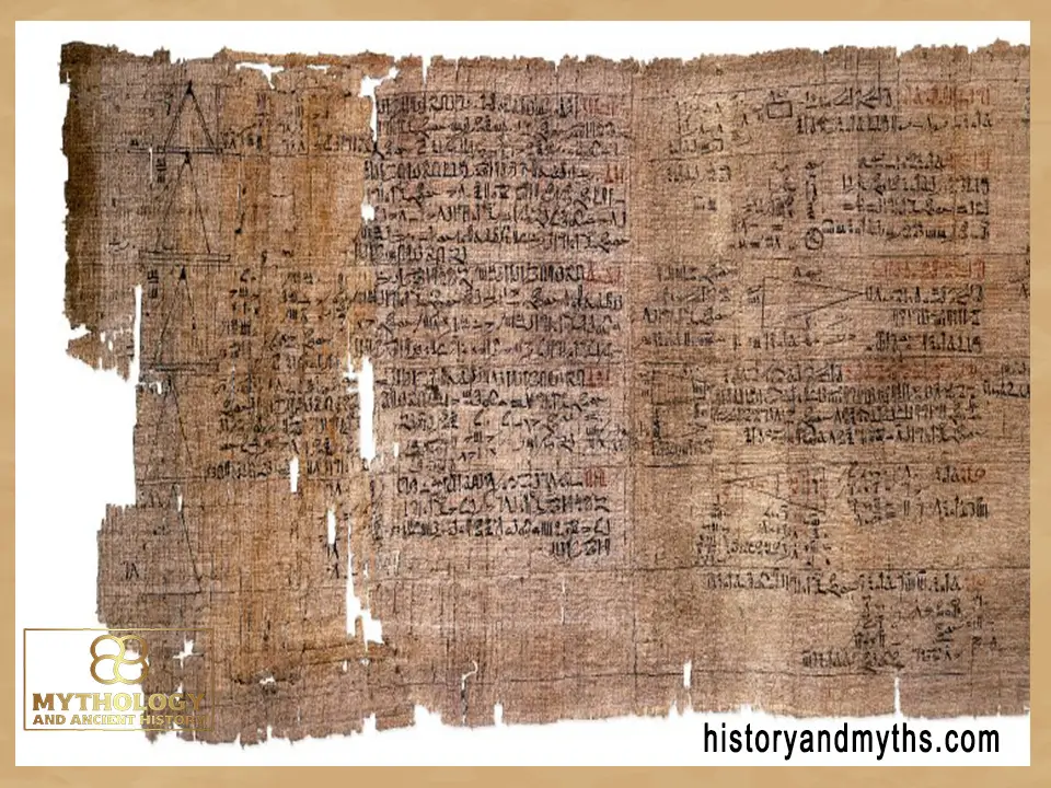 The Rhind Mathematical Papyrus, an ancient Egyptian mathematical text containing numerical problems and calculations