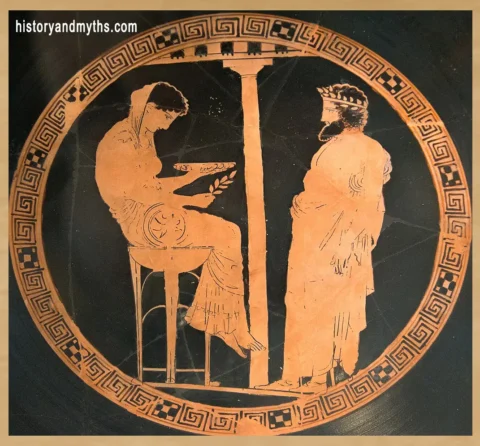 Oracle of Delphi scene, Attic red-figure kylix from Vulci, 440–430 BCE, attributed to the Kodros Painter, Antikensammlung Berlin (Altes Museum)