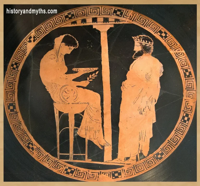 Oracle of Delphi scene, Attic red-figure kylix from Vulci, 440–430 BCE, attributed to the Kodros Painter, Antikensammlung Berlin (Altes Museum)