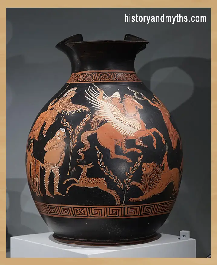 Bellerophon on Pegasus fighting the Chimera, Apulian oinochoe, c. 375–350 BC