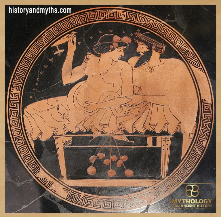 Attic red-figure kylix showing a banquet scene, signed by Hieron as potter and attributed to Makron as painter, ca. 490 BC