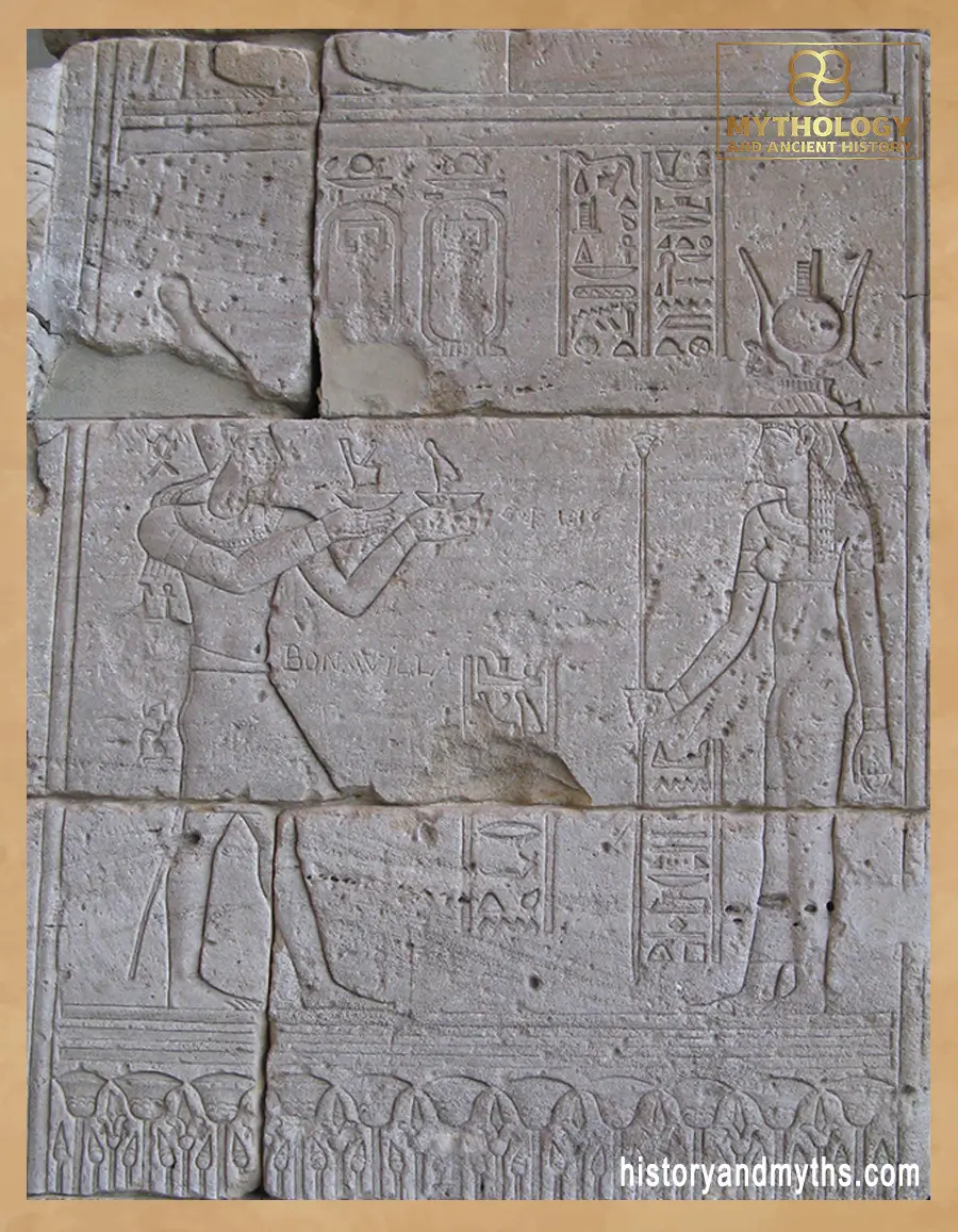 Relief scene at the Temple of Dendur showing Isis holding the Was scepter while receiving an offering