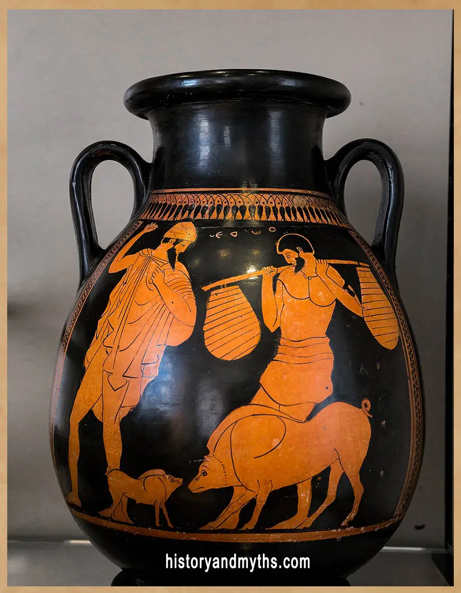 Attic red-figure pelike depicting a man carrying goods (Eumaios) with pigs, ca. 470–460 BC