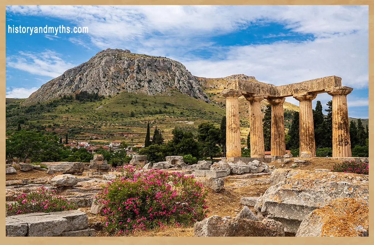 Temple of Apollo and the landscape of ancient Corinth with Acrocorinth rising in the background
