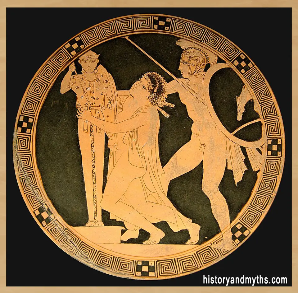 Ajax the Lesser dragging Cassandra from the sanctuary of Athena on an Attic red-figure cup from ancient Greece.