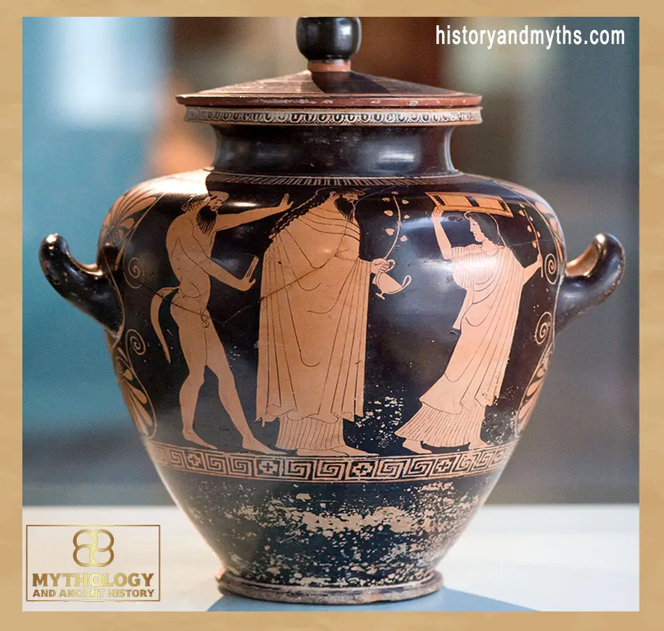 Attic_red-figure_stamnos._A._Achilles_mourning,_with_Antilochos_and_Thetis._B._Dionysos_with_satyr_and_maenad._Hephaisteion_Painter._(3742231376)