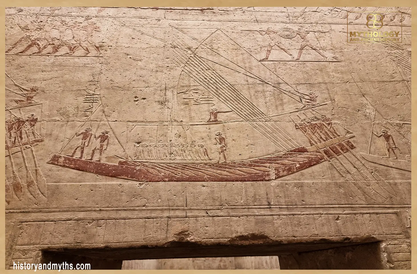 Large sailing vessel from the Tomb of Ti, Saqqara — depicting a heavily manned cargo boat used for large-scale river transport along the Nile during the Old Kingdom.