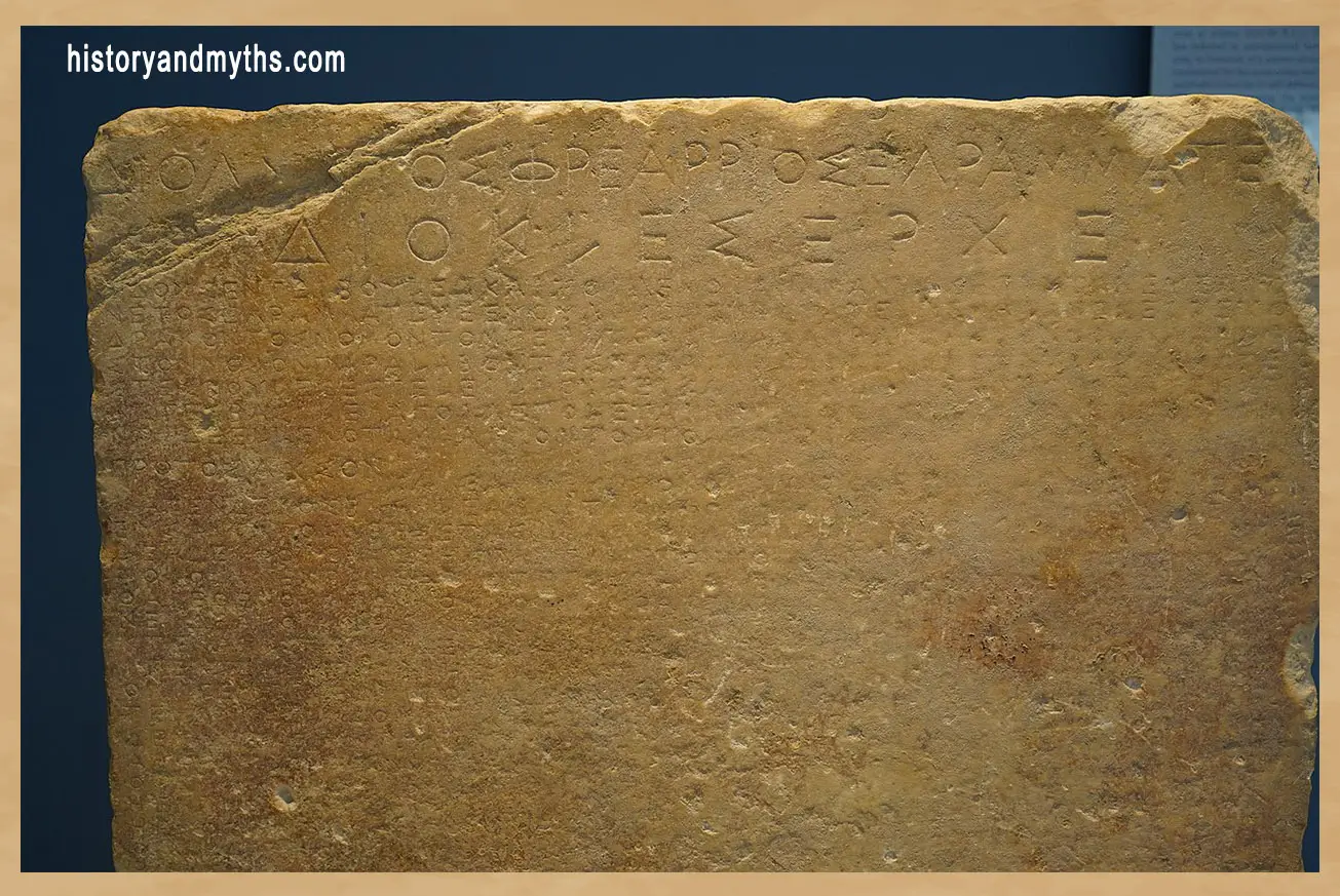 Inscribed Athenian law attributed to Draco (7th century BC), displayed in the Epigraphic Museum of Athens