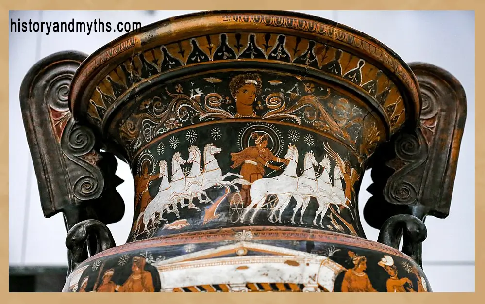 A celestial chariot moving through a star-filled night sky, illustrating the symbolic connection between light and darkness in Greek mythology.