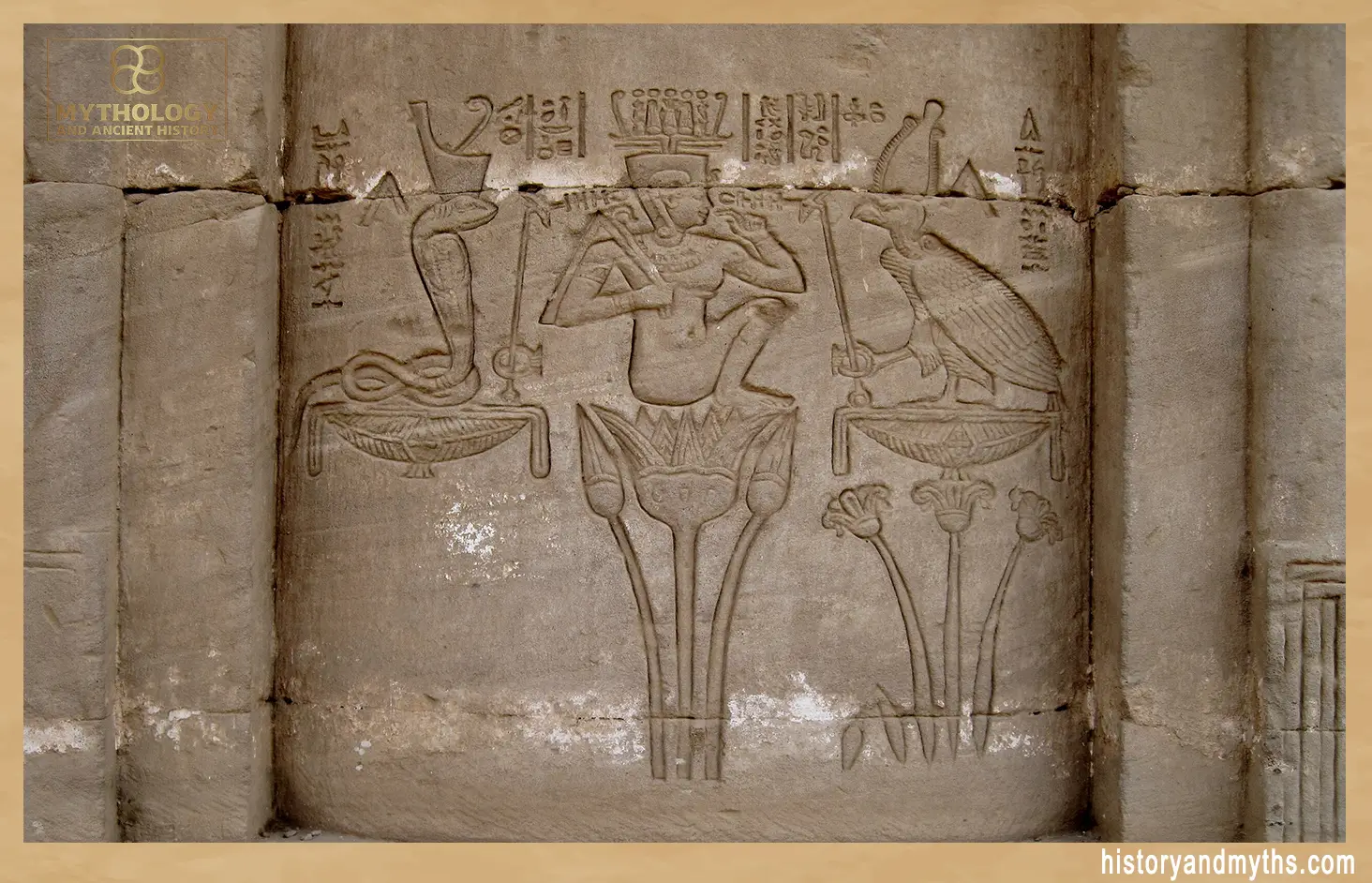 Relief depicting Wadjet, Nefertem on a lotus blossom, and Nekhbet at the Roman mammisi of the Dendera temple complex.
