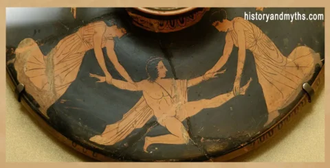 Pentheus torn apart by Agave and Ino, Attic red-figure lekanis lid, c. 450–425 BC, Louvre Museum (G 445)