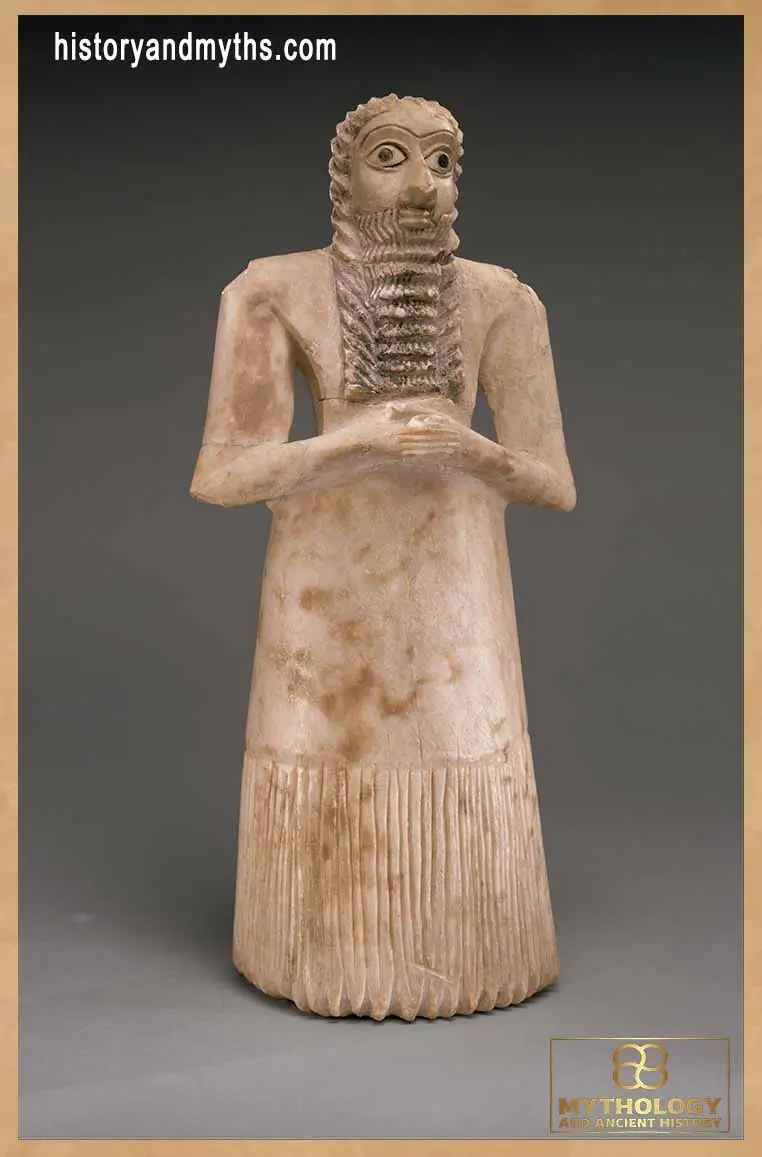 Standing Male Worshiper, gypsum alabaster, shell, black limestone, and bitumen (Sumerian, ca. 2900–2600 BCE), from Eshnunna