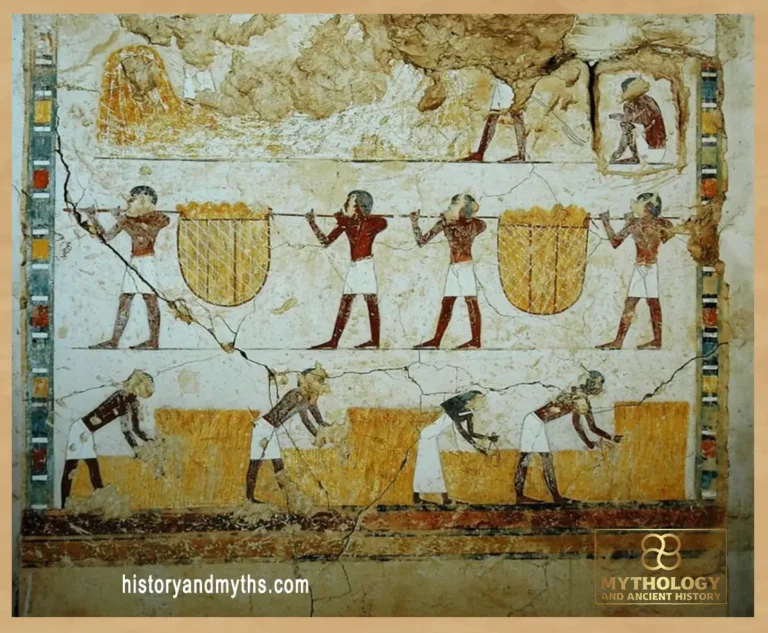 Grain harvesting scene from the Tomb of Ineni (TT81), illustrating agricultural production that fed Egypt’s centralized grain storage system.