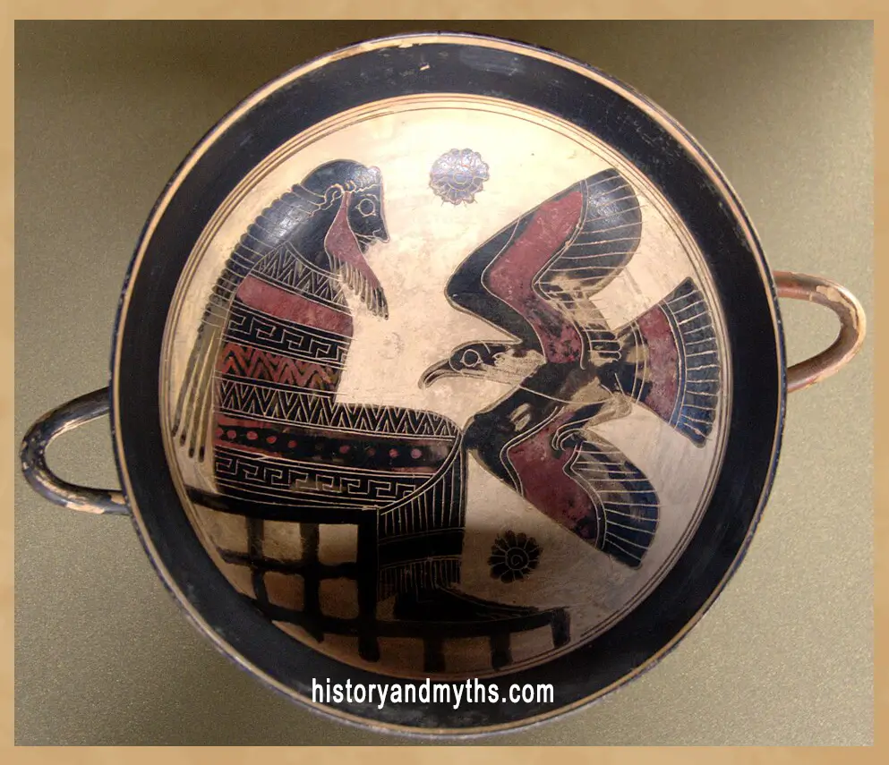 Zeus with eagle on a black-figure Laconian cup by the Naucratis Painter, c. 560 BC