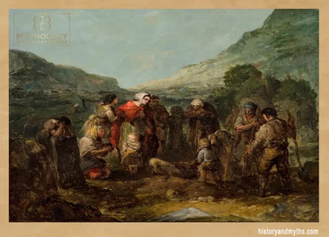 Daniel_MacDonald_-_The_Village_Funeral_-_An_Irish_Family_by_a_Graveside_during_the_Great_FamineOil_on_canvas,_47