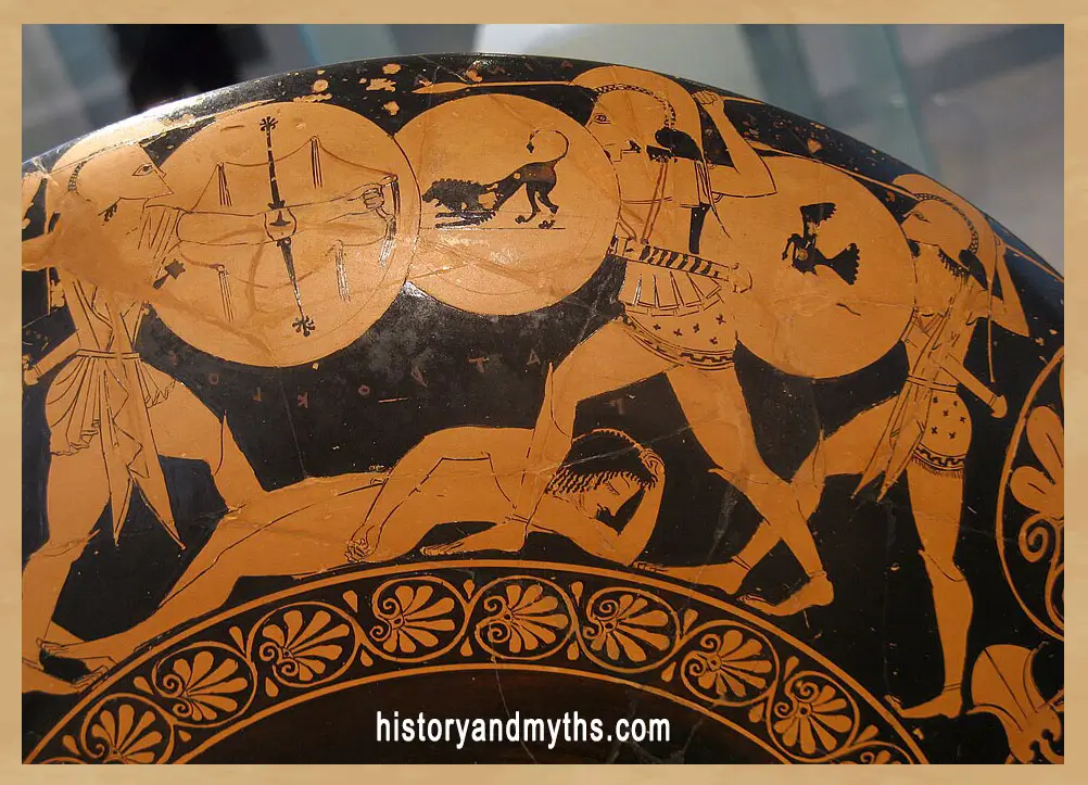 Warriors fighting over the body of Patroclus, detail from an Attic red-figure cup painted by Oltos, late 6th century BCE