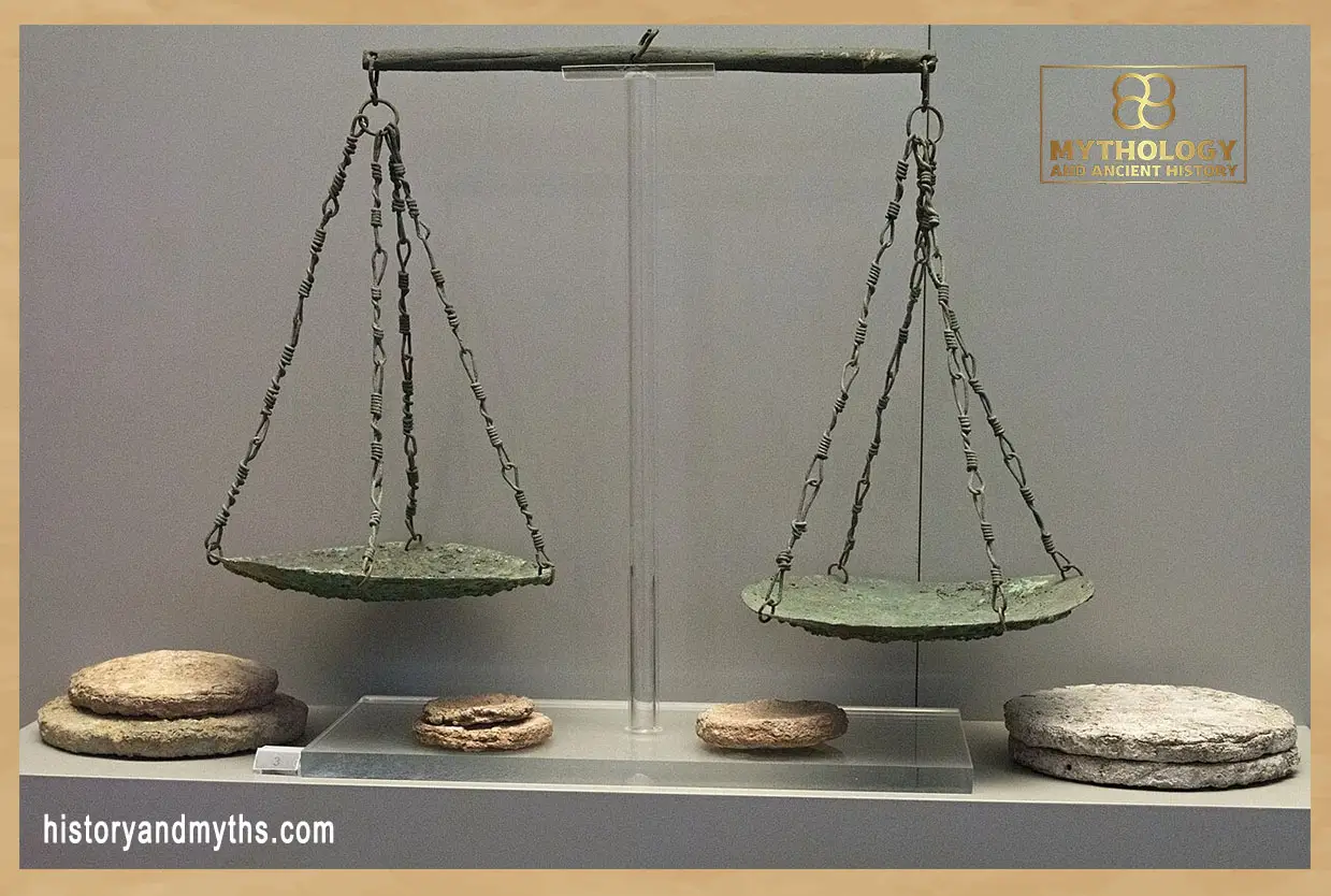 Bronze scales and lead weights from the Vafeio tholos tomb in Laconia, 15th century BC — National Archaeological Museum of Athens (inv. 1858, 1859, 1894–1900)