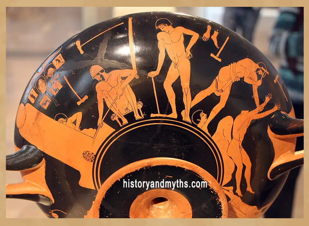 Attic red-figure kylix depicting Hephaestus and a forge workshop, c. 490–480 BC