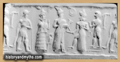 Cylinder Seal with a Deity Accepting an Offering, depicting the sun-god Shamash (Sumerian Utu), Mesopotamia