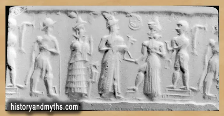 Cylinder Seal with a Deity Accepting an Offering, depicting the sun-god Shamash (Sumerian Utu), Mesopotamia