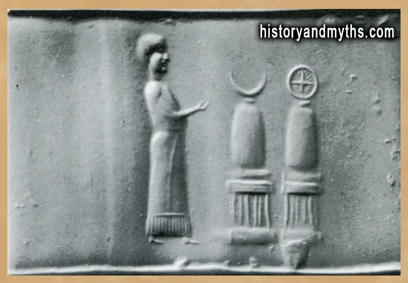 A Neo-Babylonian cylinder seal depicting a priest worshipping divine symbols inside a temple. The scene reflects the ritual setting in which sacred ceremonies and incantations were performed as part of official religious practice.