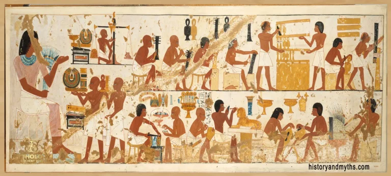 Craftsmen from the Tomb of Nebamun and Ipuky (TT 181), depicting jewelers, carpenters, and metal workers; facsimile by Norman de Garis Davies (1865–1941), tempera on paper, c. 1390–1349 BC, New Kingdom, Dynasty 18