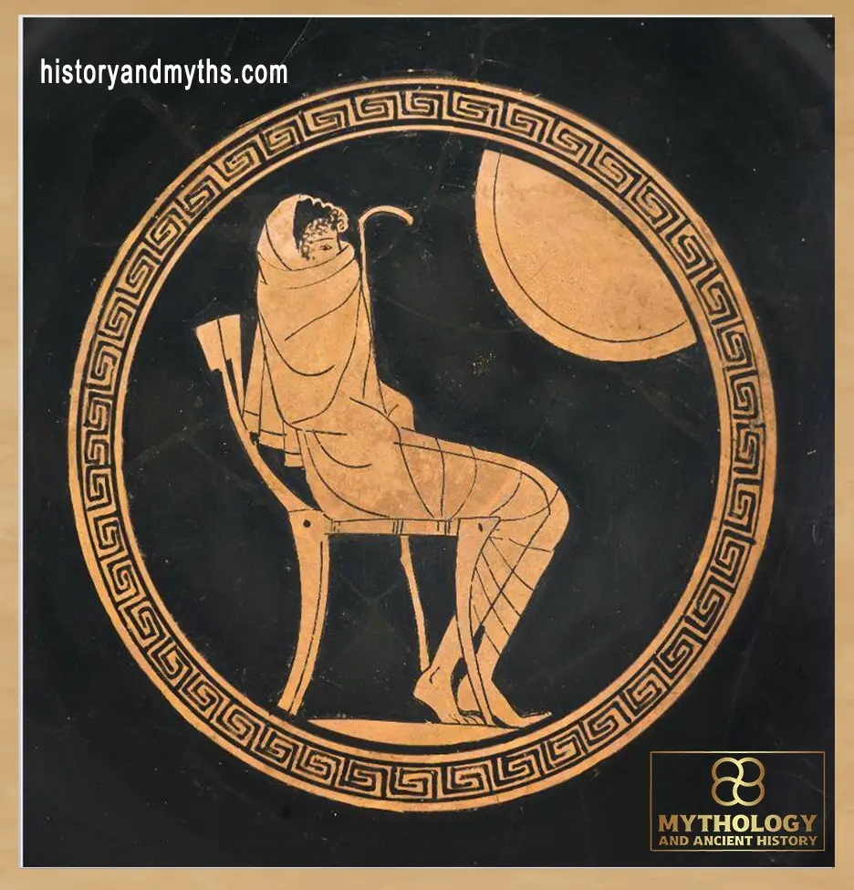 Achilles seated and wrapped in a himation, depicted on a Greek kylix (c. 500 BC)