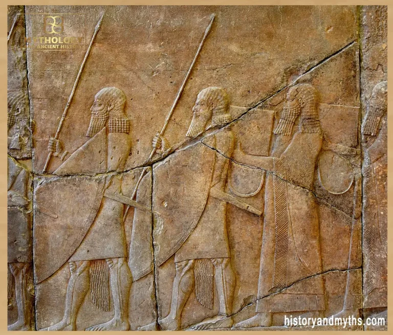 Assyrian soldiers and military musicians carrying drums, reign of Sennacherib (704–681 BCE)
