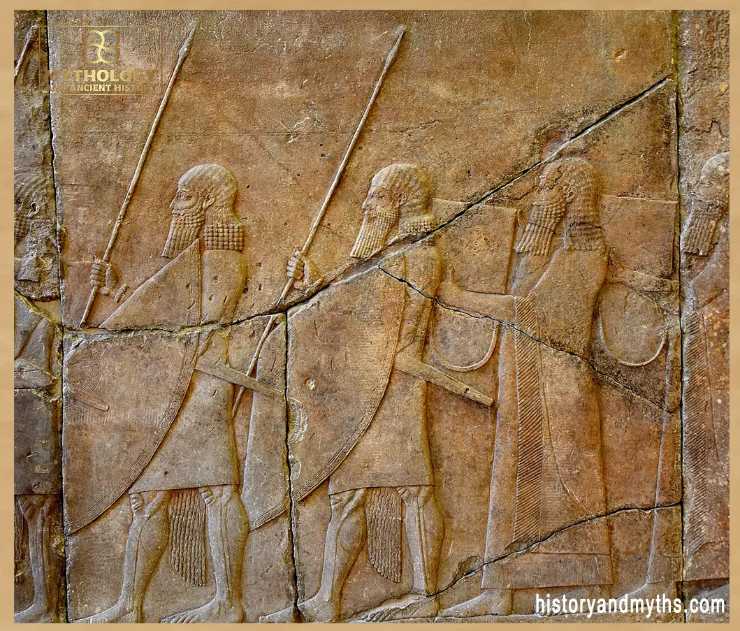 Assyrian soldiers and military musicians carrying drums, reign of Sennacherib (704–681 BCE) — Source: Pergamon Museum, Berlin, photo by Osama Shukir Muhammed Amin, CC BY-SA 4.0 (Wikimedia Commons) Assyrian soldiers and military musicians carrying drums, reign of Sennacherib (704–681 BCE)