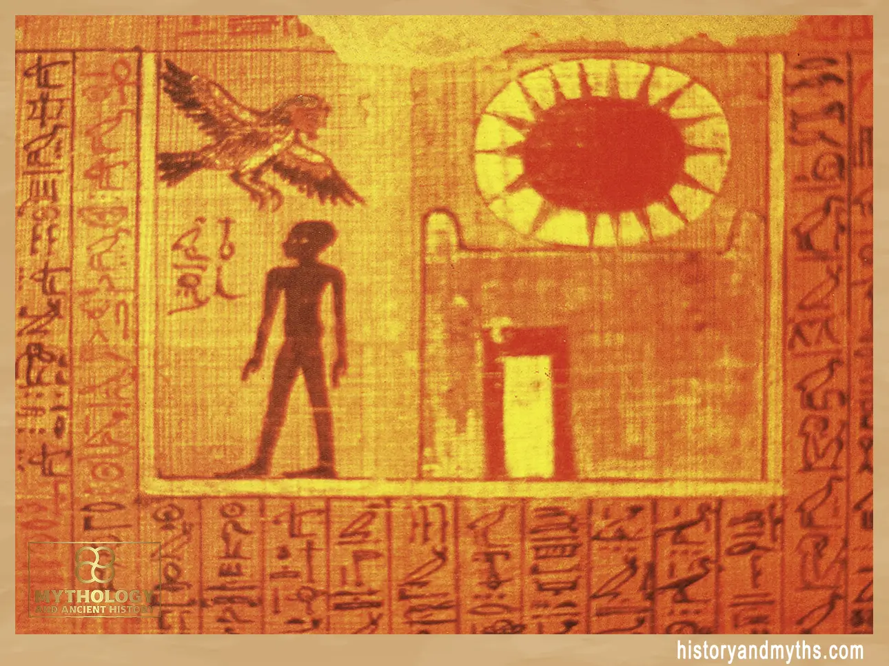 Ba bird and shadow of Neferoubenef emerging from the tomb, ancient Egyptian funerary papyrus, Louvre Museum