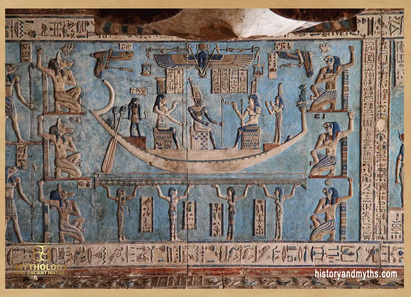 Interior reliefs of the Temple of Hathor at Dendera, showing hieroglyphic inscriptions and carved imagery that functioned as a visual language for expressing mythological and cosmic concepts.