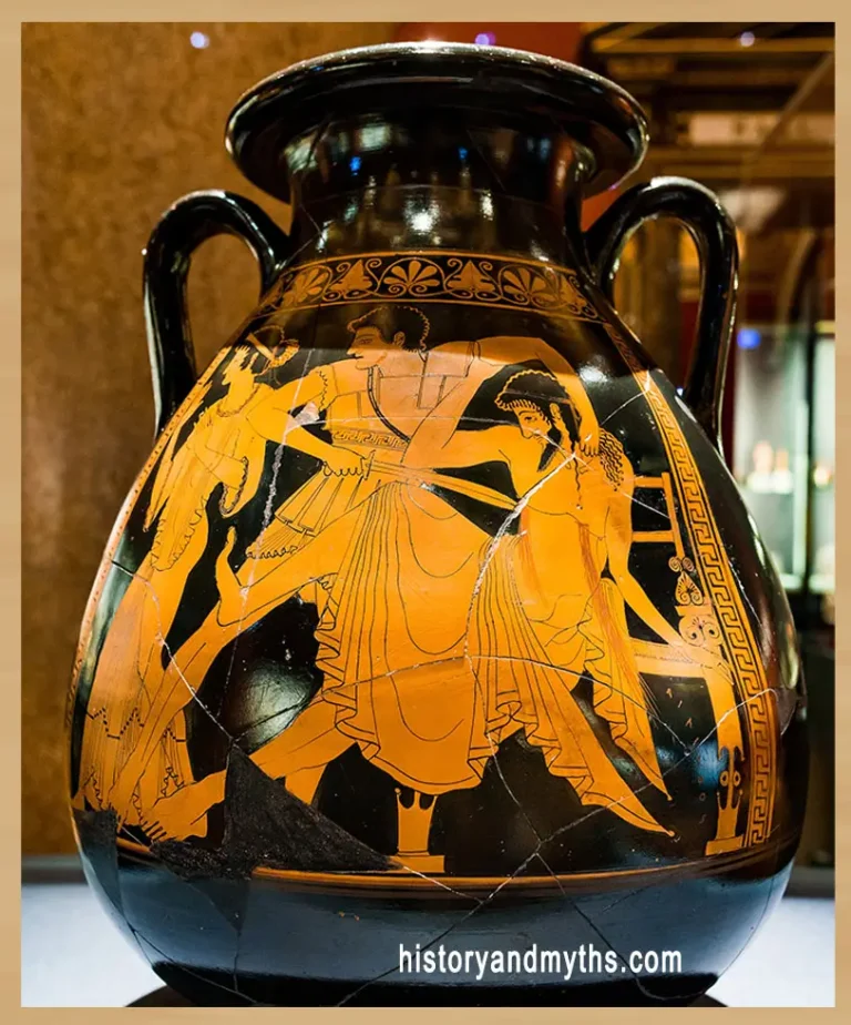 Orestes killing Aegisthus while Clytemnestra intervenes, Attic red-figure pelike attributed to the Berlin Painter, c. 500 BC