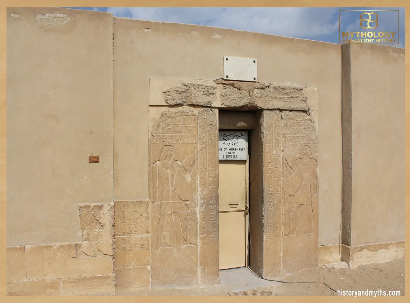 Southern entrance of the Mastaba of Mereruka, Saqqara — illustrating elite non-royal tomb architecture that combined surface access with extensive underground burial chambers.