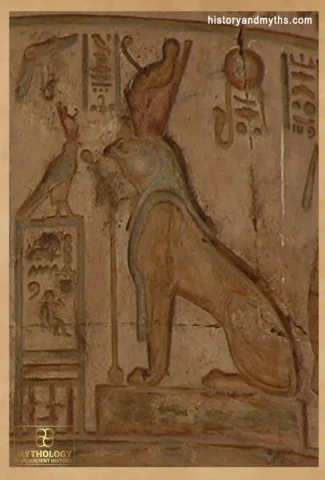 Relief of a falcon-headed lion (hieracosphinx) from the Temple of Kom Ombo, associated with the early sky-god Haroeris (Horus the Elder)