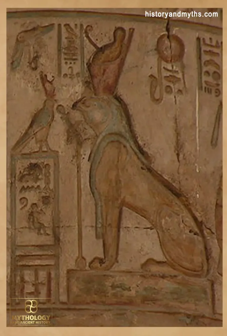 Relief of a falcon-headed lion (hieracosphinx) from the Temple of Kom Ombo, associated with the early sky-god Haroeris (Horus the Elder)
