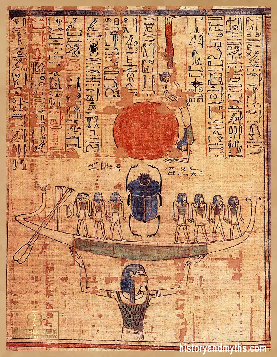 Nun, god of the waters of chaos, lifts the barque of the sun god Ra into the sky at the beginning of time