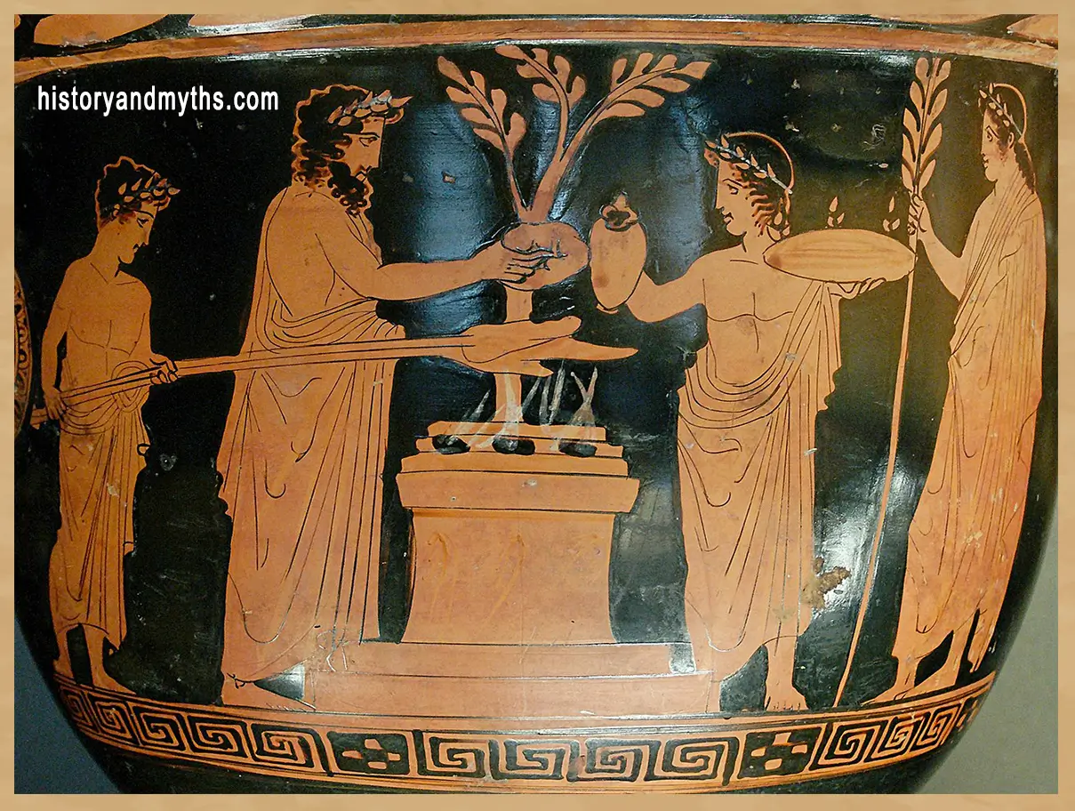 Sacrifice scene, Attic red-figure krater, ca. 430–420 BCE, attributed to the Pothos Painter, Louvre Museum
