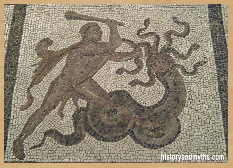 Heracles battling the Lernaean Hydra, detail from the Roman mosaic of the Twelve Labors, 3rd century AD