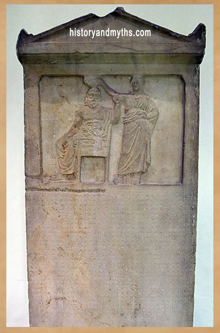 “Stele of Democracy” depicting the personification of Demos crowned by Democracy, associated with the Athenian anti-tyranny law of 336/337 BC