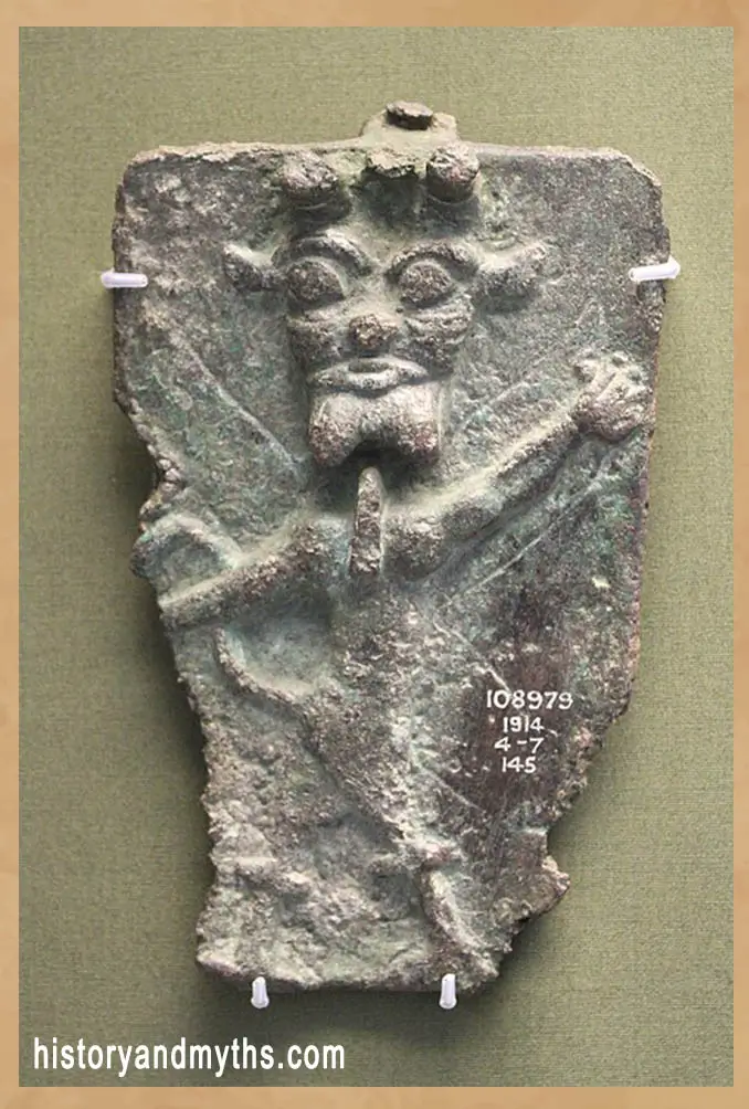 Reverse of a copper alloy Pazuzu amulet (BM 108979), used for protection against harmful supernatural forces, Iraq, c. 900–500 BCE. British Museum.