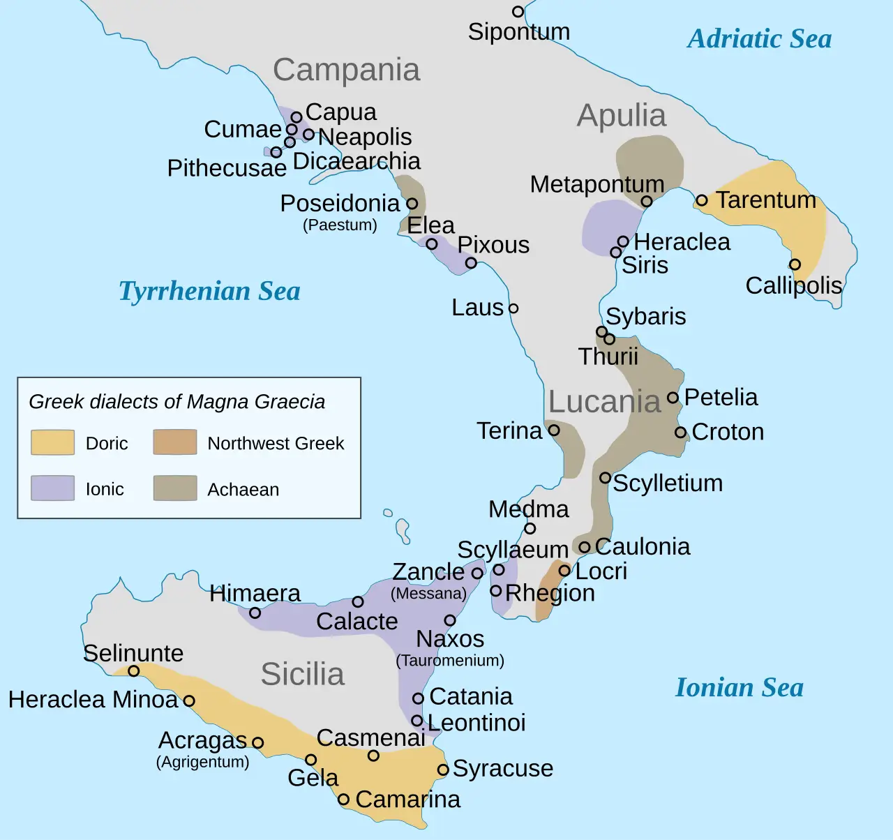 Ancient Greek colonies and their dialect groupings in Magna Graecia