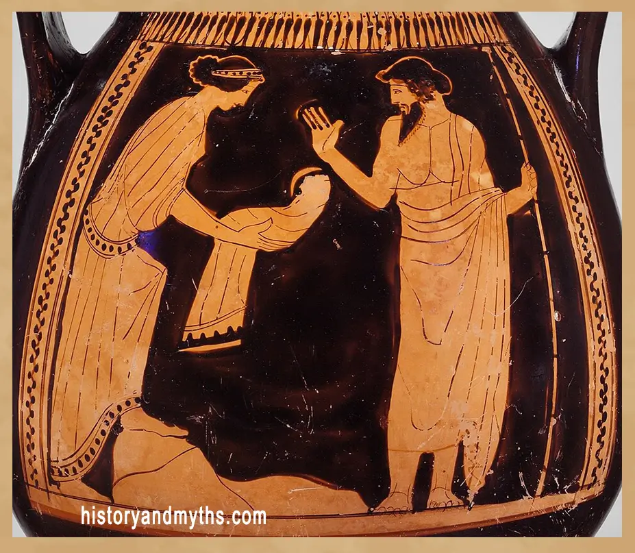Nausicaä Painter, Rhea Handing a Swaddled Stone to Cronus, Attic terracotta pelike, c. 460–450 BC