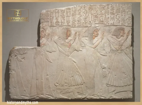 Tomb relief of the chief physician Amenhotep leading his family in prayer, arms uplifted in worship