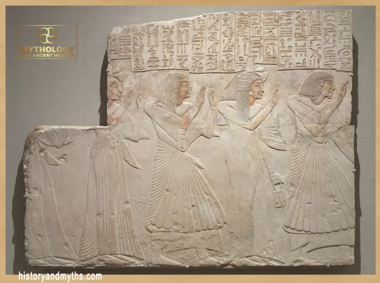 Tomb relief of the chief physician Amenhotep leading his family in prayer, arms uplifted in worship