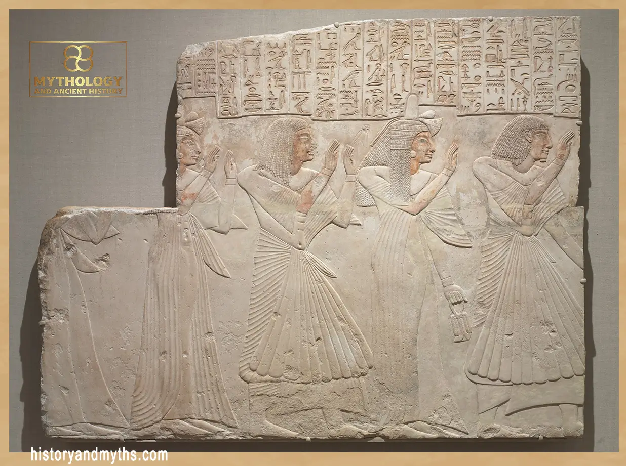 Tomb relief of the chief physician Amenhotep leading his family in prayer, arms uplifted in worship