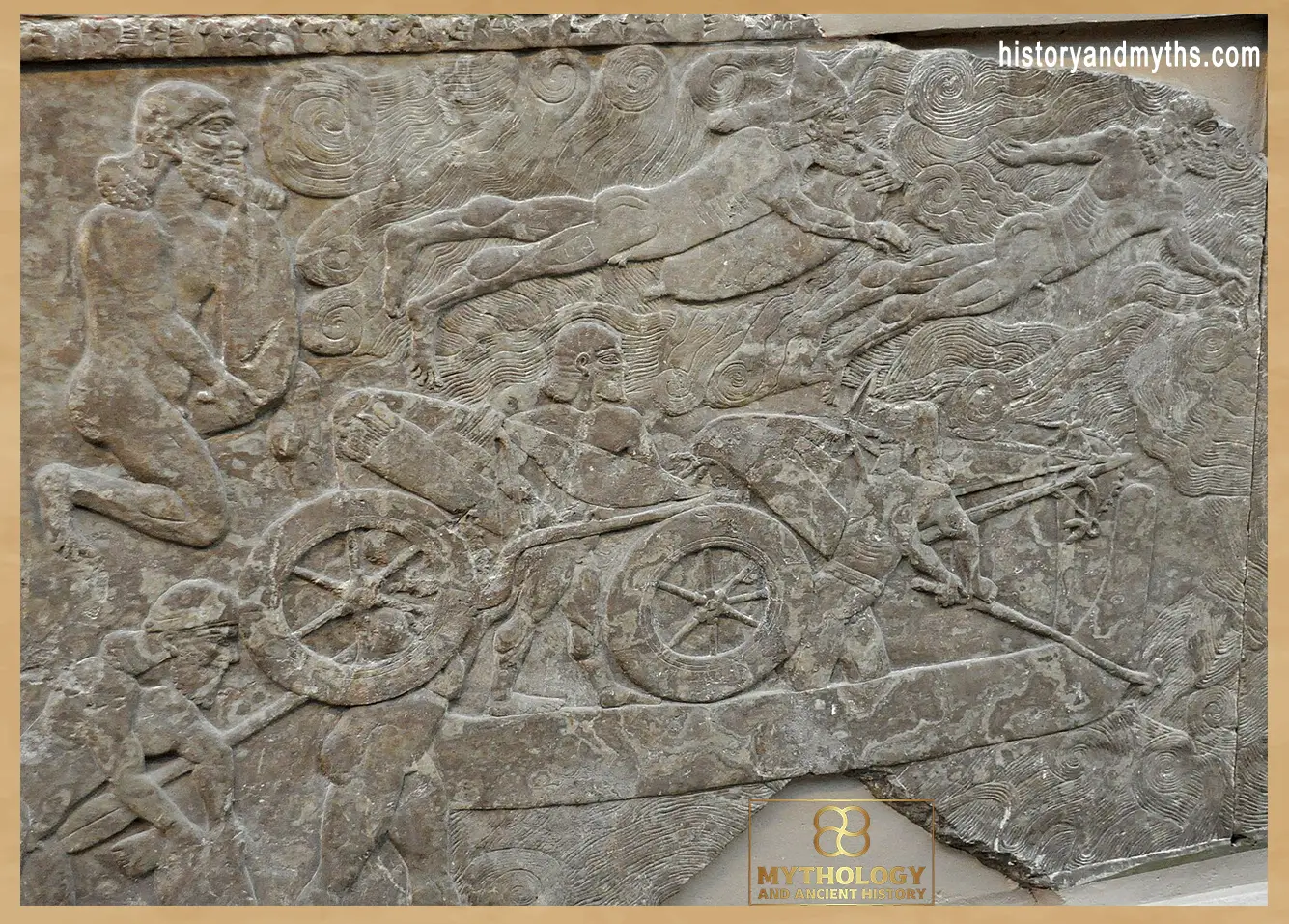 Assyrian army crossing a river, probably the Euphrates, with soldiers swimming and transporting chariots by boat, reign of Ashurnasirpal II (865–860 BCE)